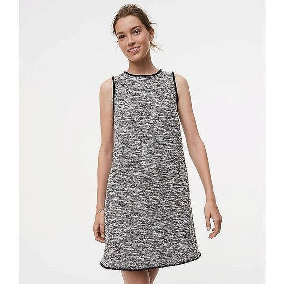 Ann Taylor LOFT Gray Tweed Sleeveless Fringe Back Zip Mini Shift Dress Size S - Picture 2 of 8